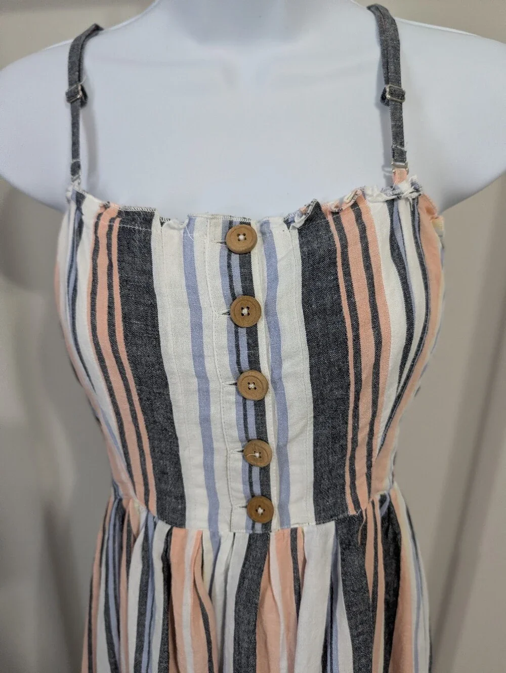 Free People Striped Button-Front Maxi Dress in Peach, Navy & White